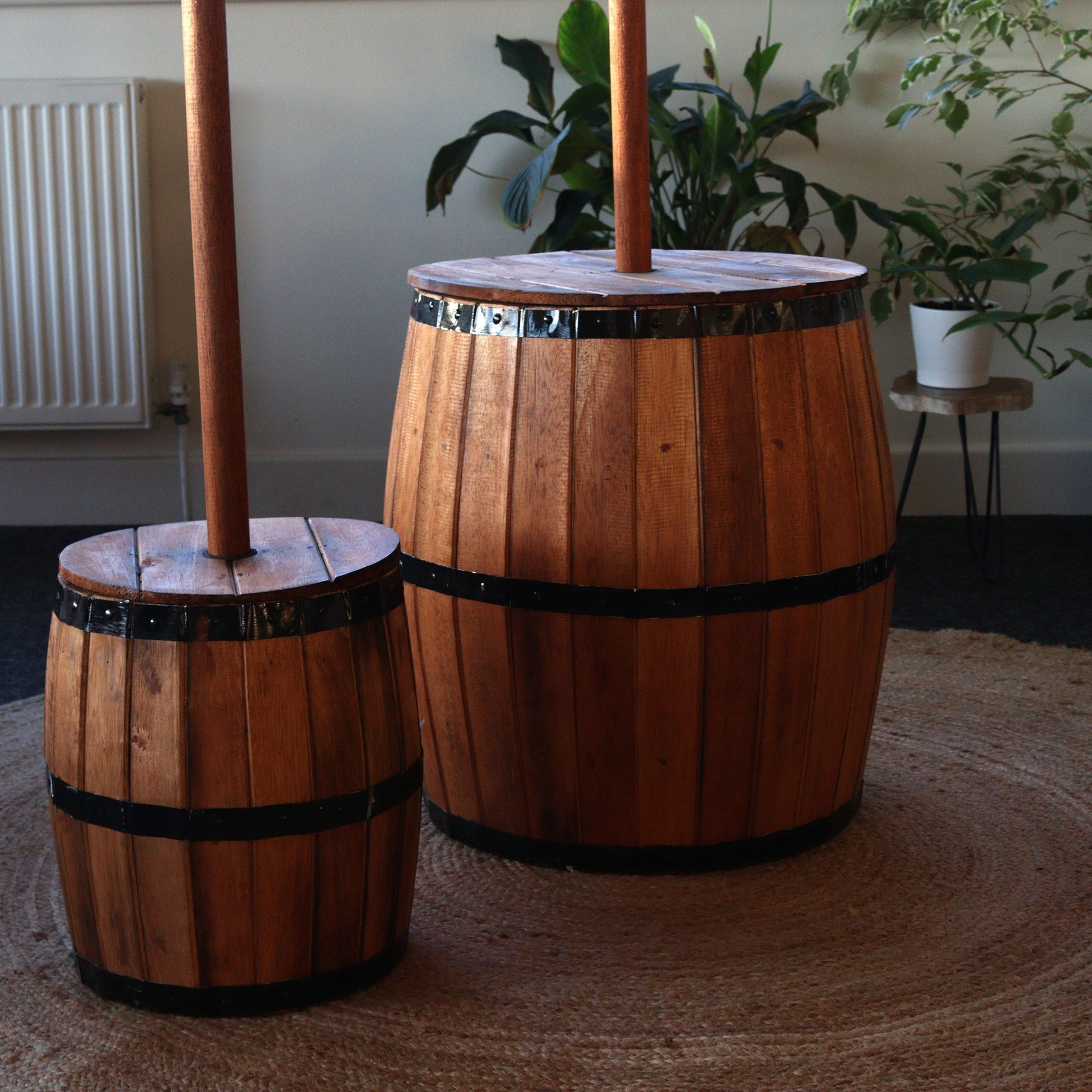 Beer barrel stool and parasol stand in natural wood