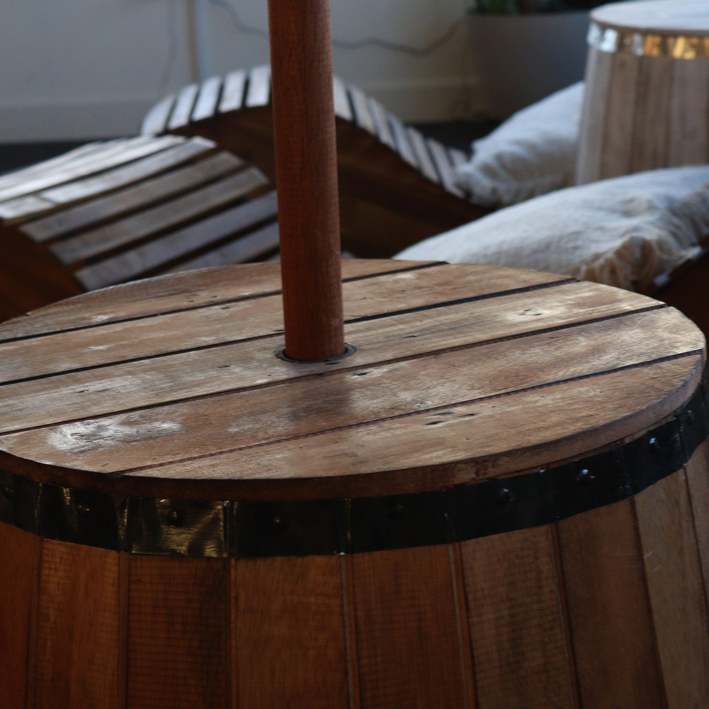 Beer barrel stool and parasol stand in natural wood