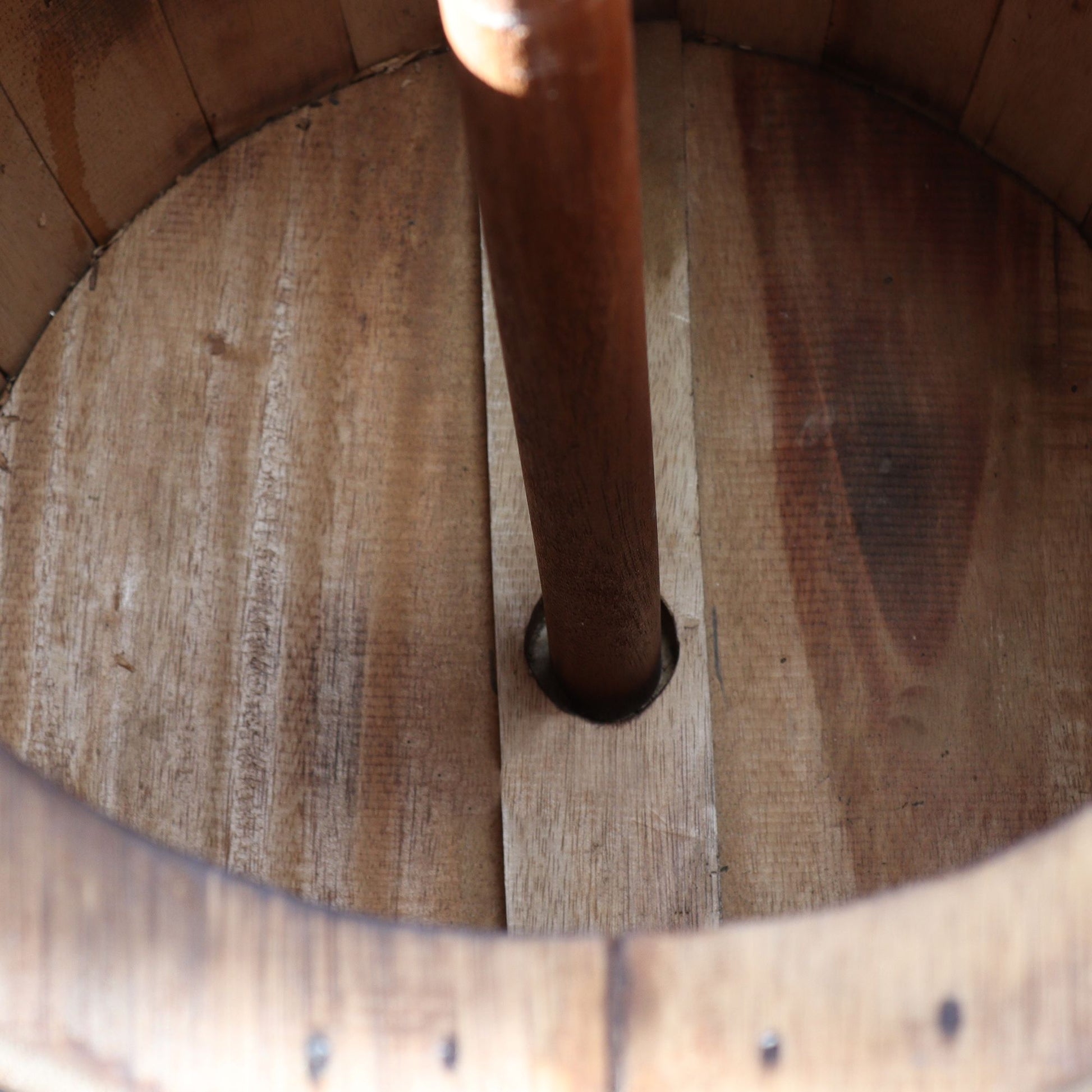 Beer barrel stool and parasol stand in natural wood