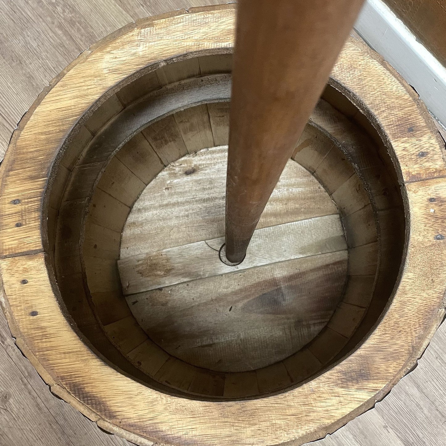 Beer barrel stool and parasol stand in natural wood