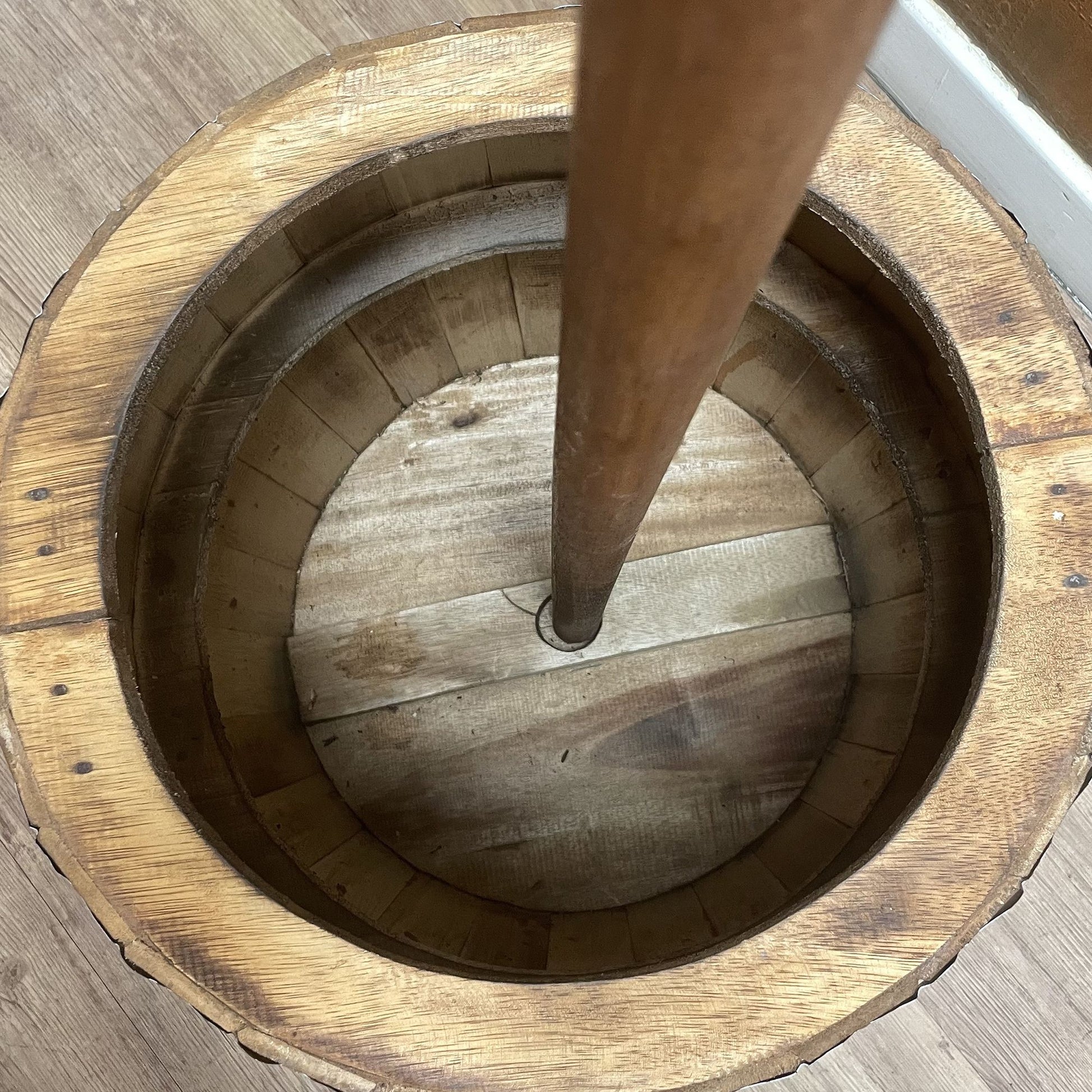 Beer barrel stool and parasol stand in natural wood