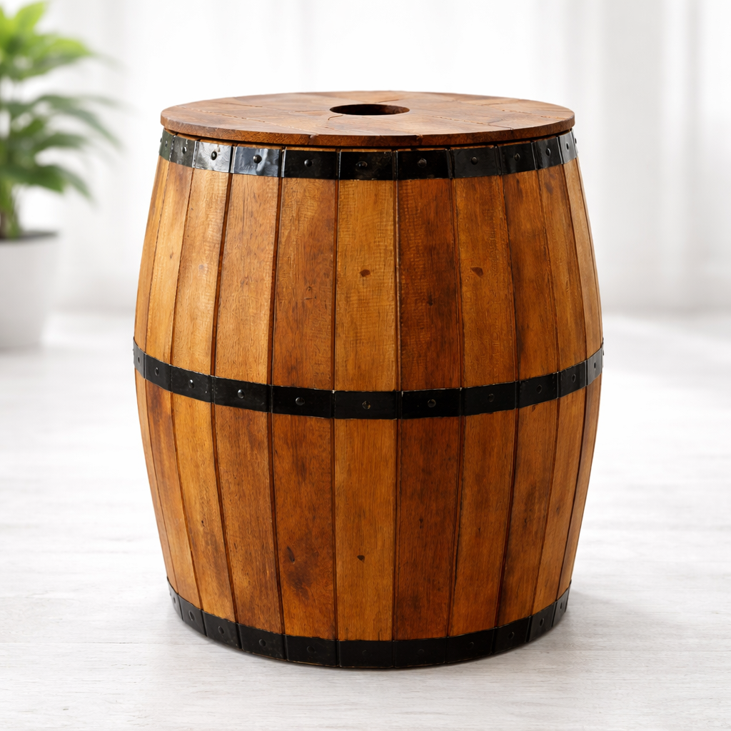Beer barrel stool and parasol stand in natural wood