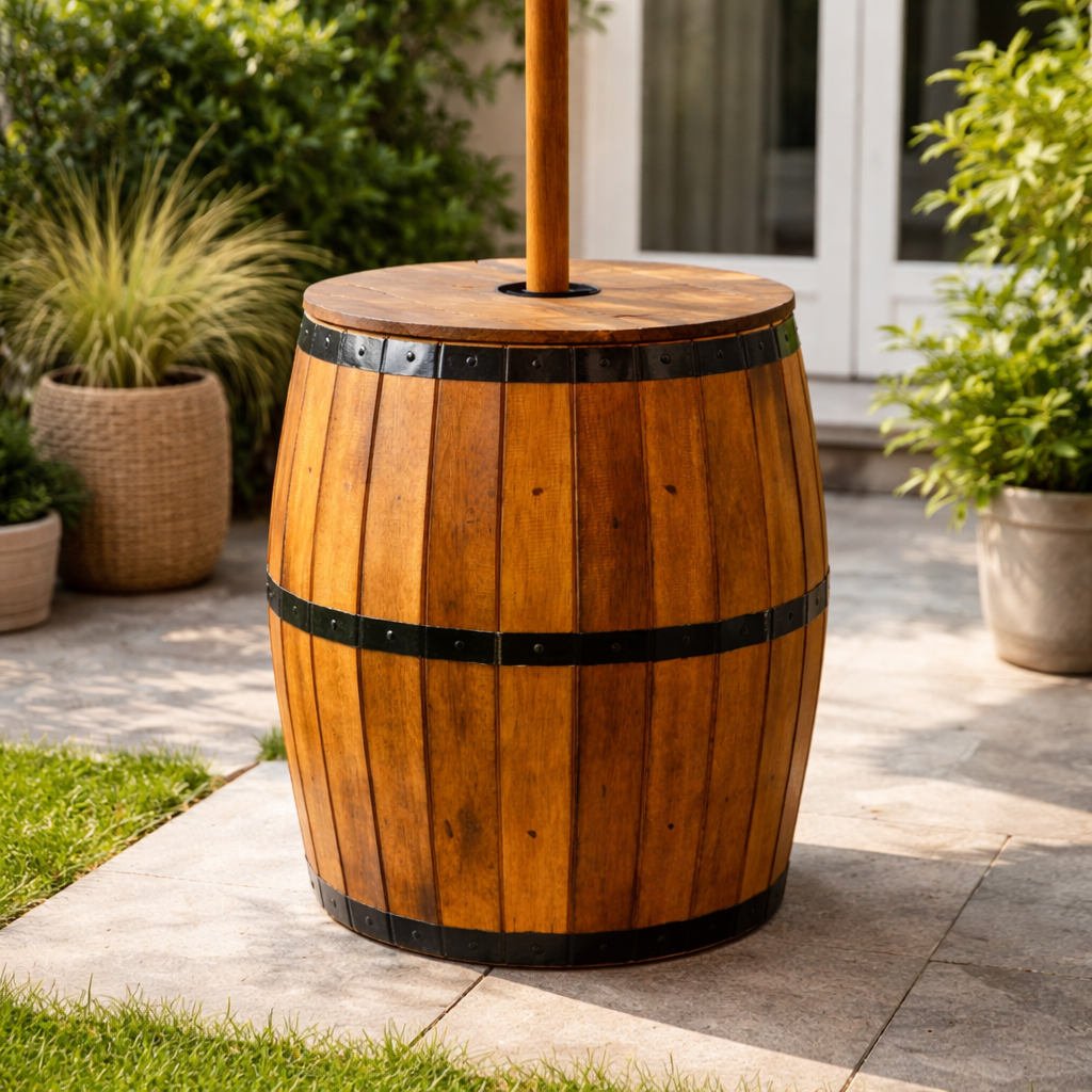 Beer barrel stool and parasol stand in natural wood