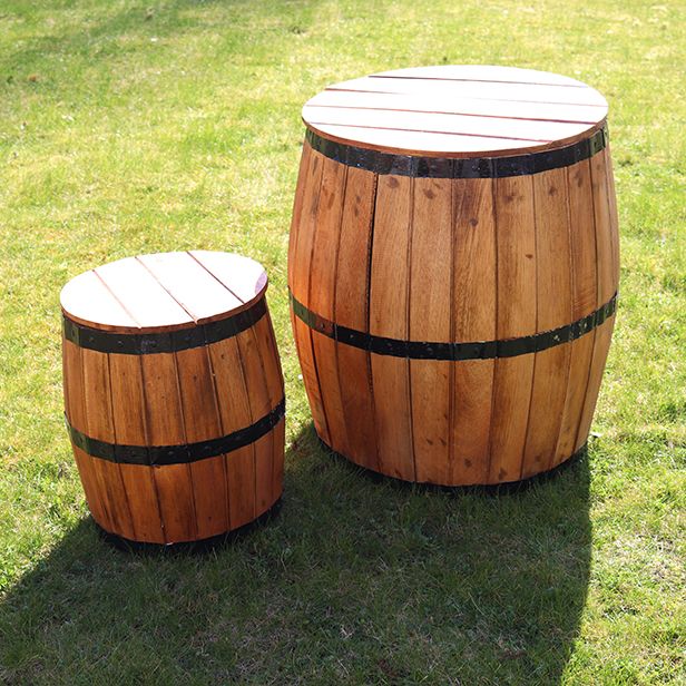 Natural wood beer barrel table with round top and dark metal-style bands