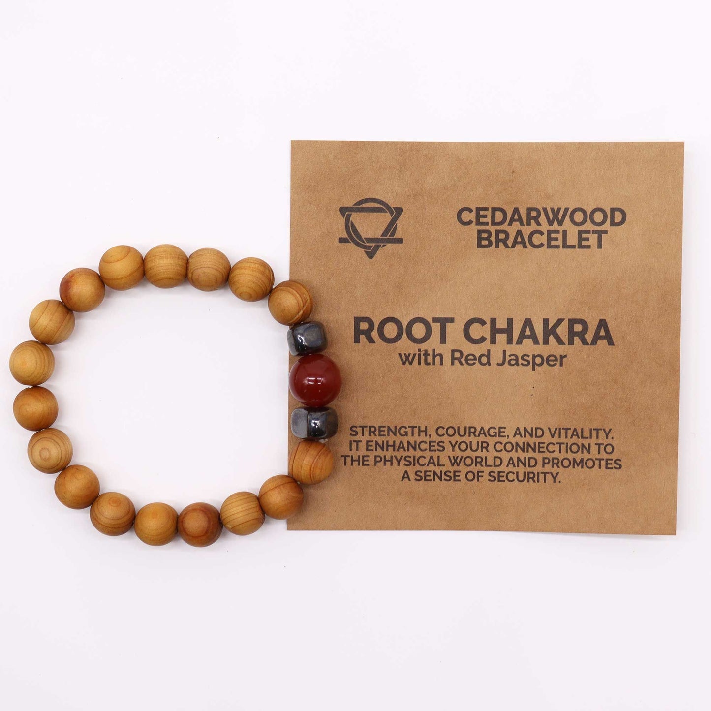 Cedarwood bead bracelet with red jasper gemstone and dark accent beads for Root Chakra design