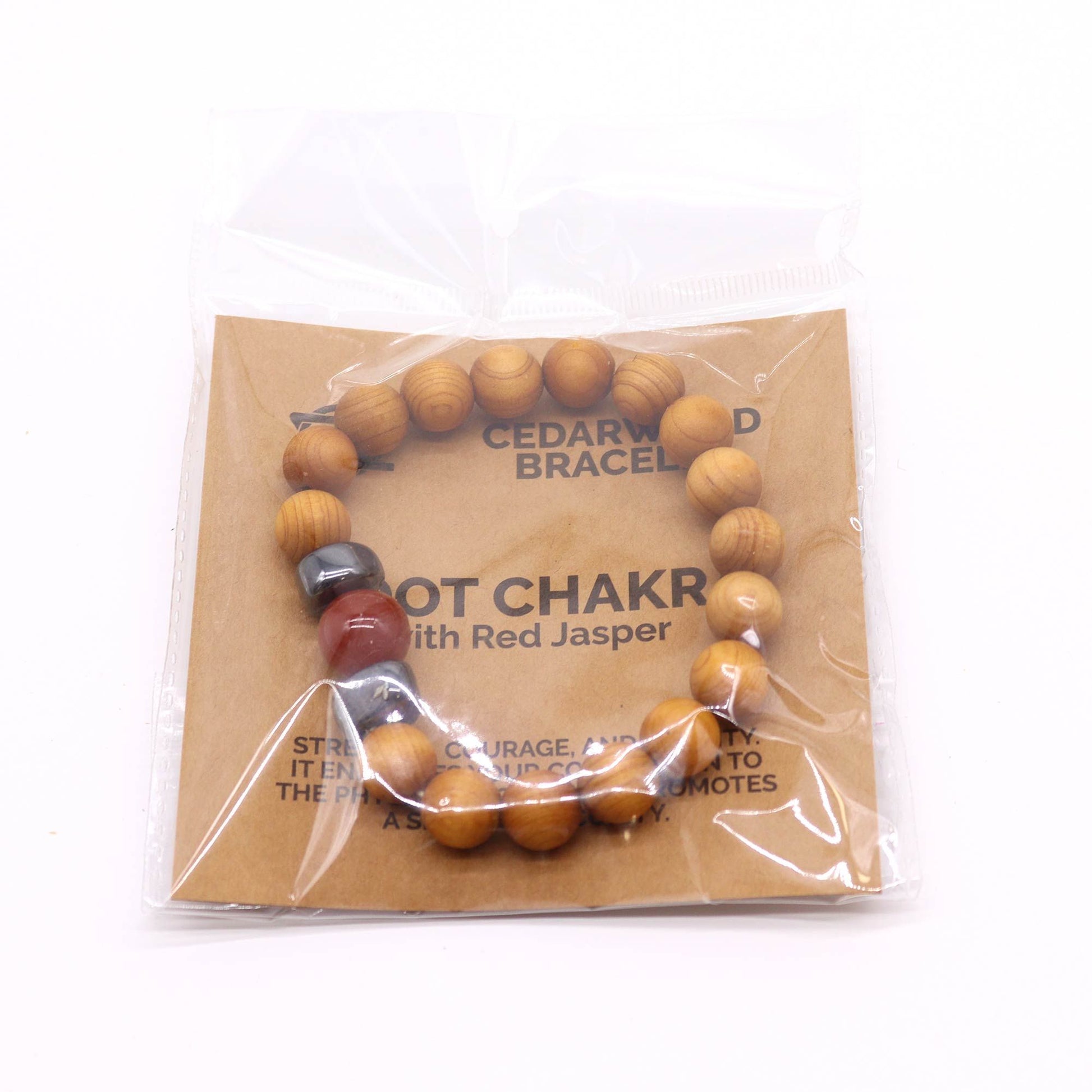 Cedarwood bead bracelet with red jasper gemstone and dark accent beads for Root Chakra design