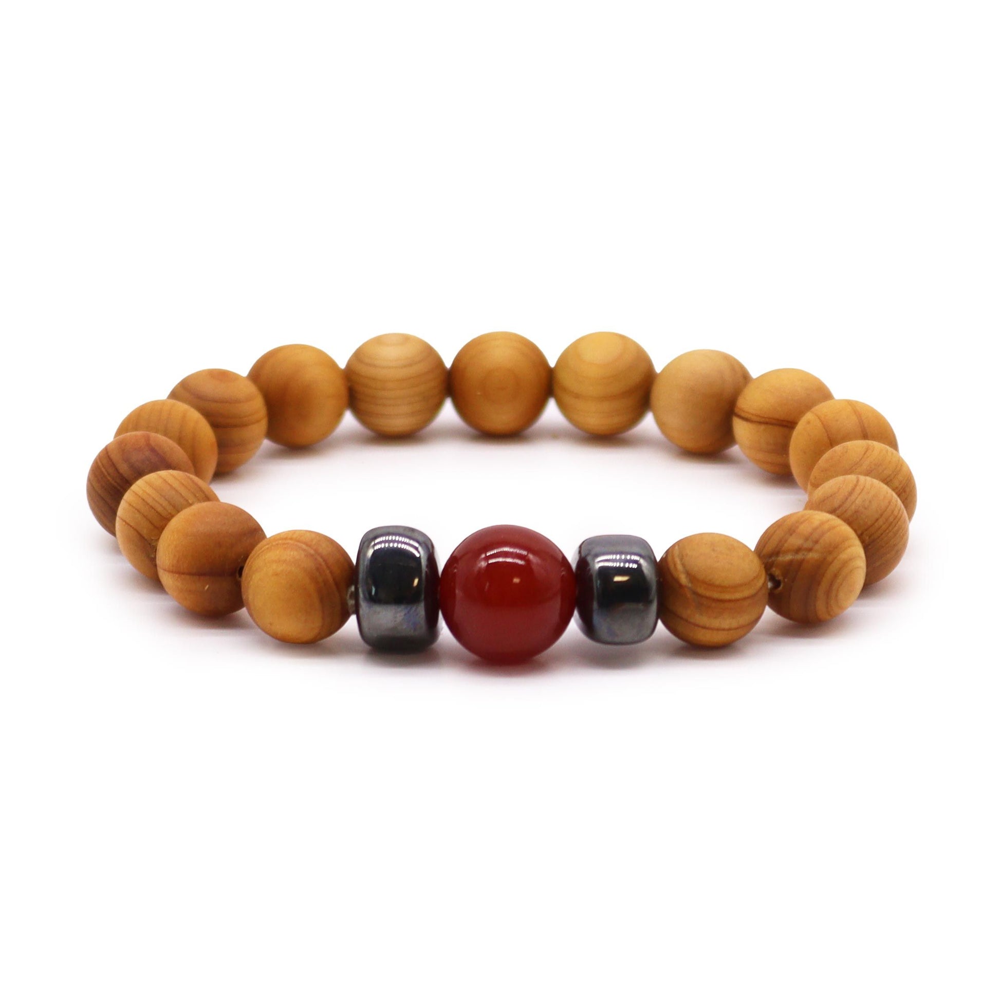 Cedarwood bead bracelet with red jasper gemstone and dark accent beads for Root Chakra design