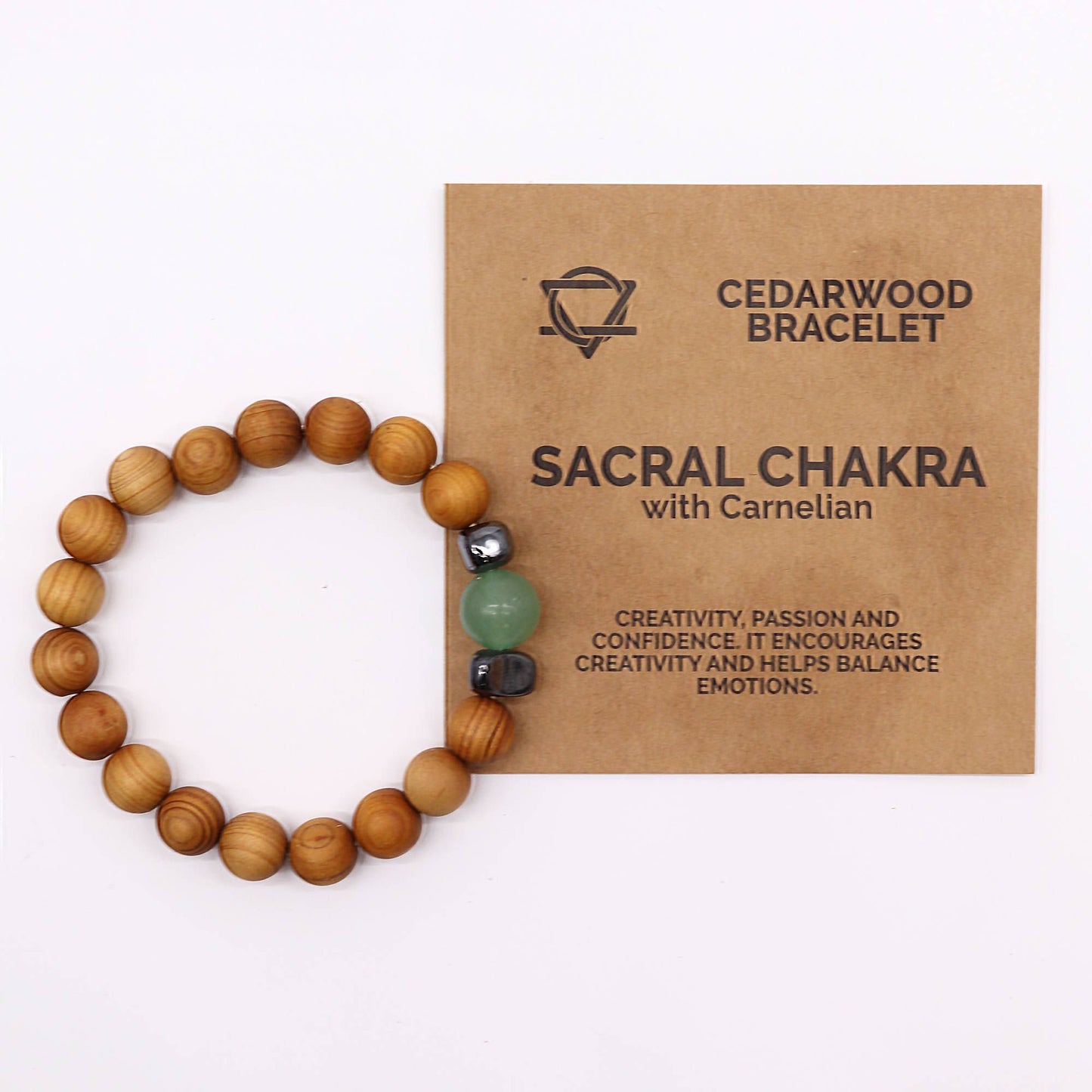 Cedarwood bead bracelet with green aventurin gemstone and dark accent beads for Sacral Chakra design