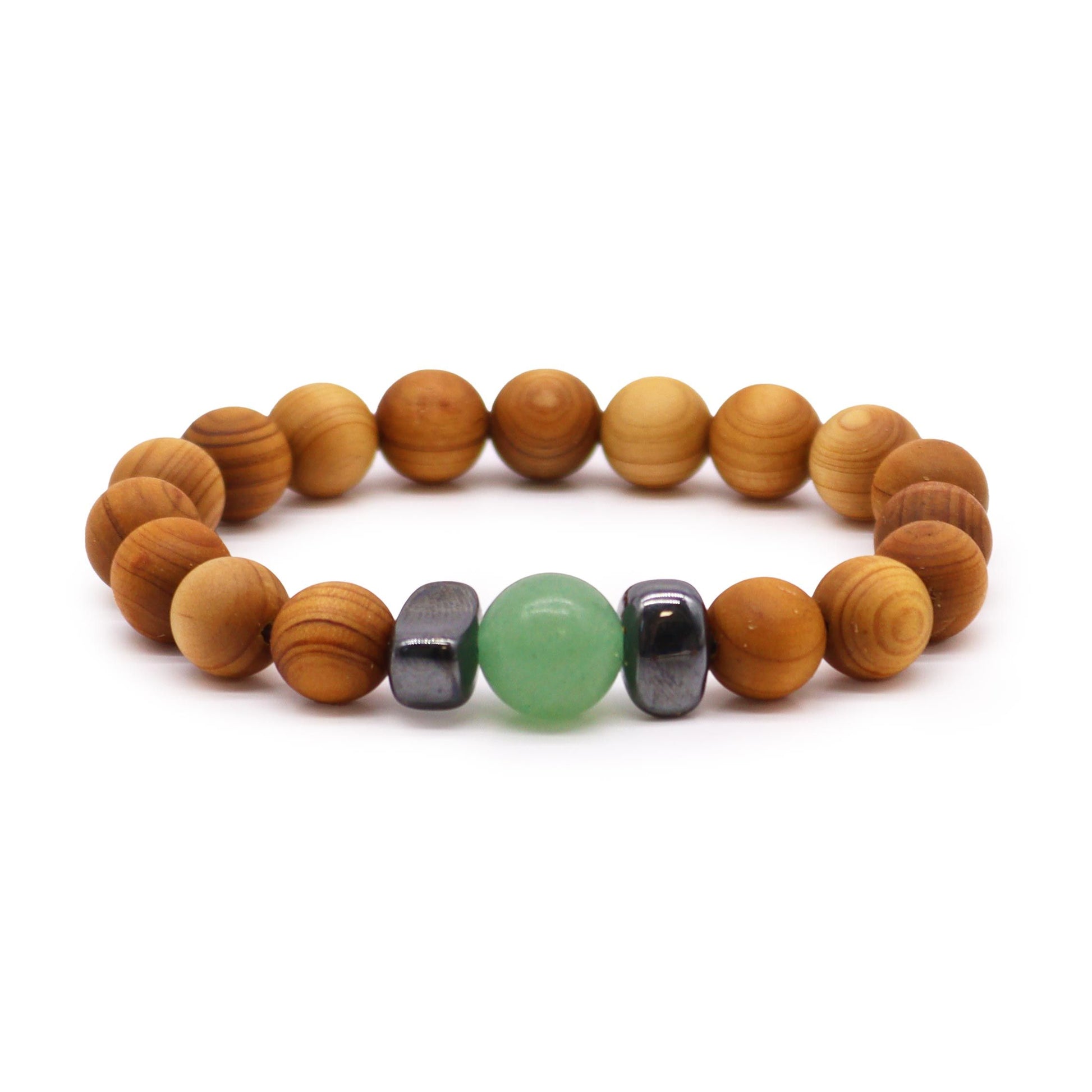 Cedarwood bead bracelet with green aventurin gemstone and dark accent beads for Sacral Chakra design