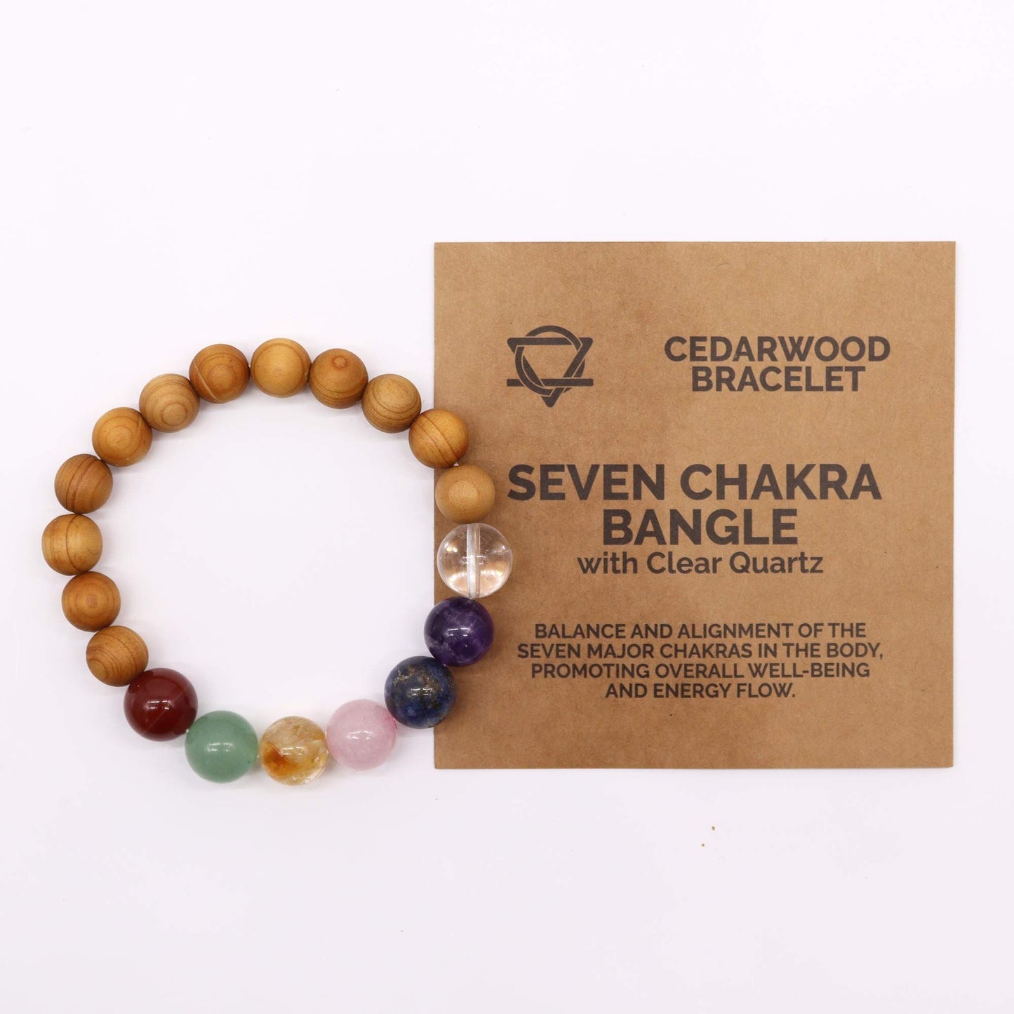 Cedarwood and seven chakra bead bangle with natural wood and multicolored stone beads | WoodenLandia