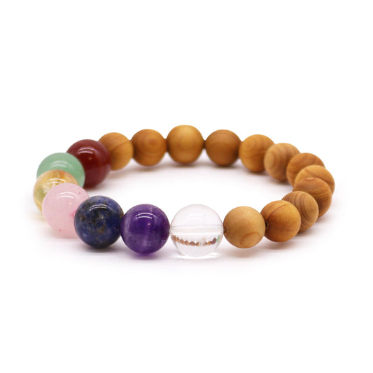 Cedarwood and seven chakra bead bangle with natural wood and multicolored stone beads | WoodenLandia