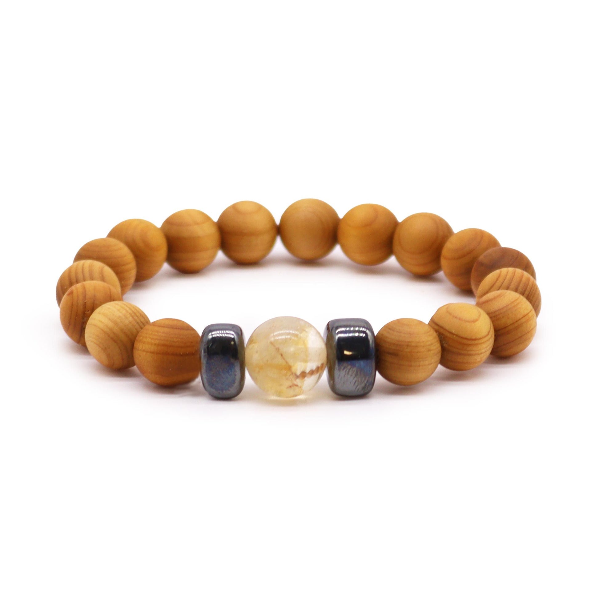 Cedarwood bead bracelet with citrine gemstone and dark accent beads for Solar Plexus Chakra design