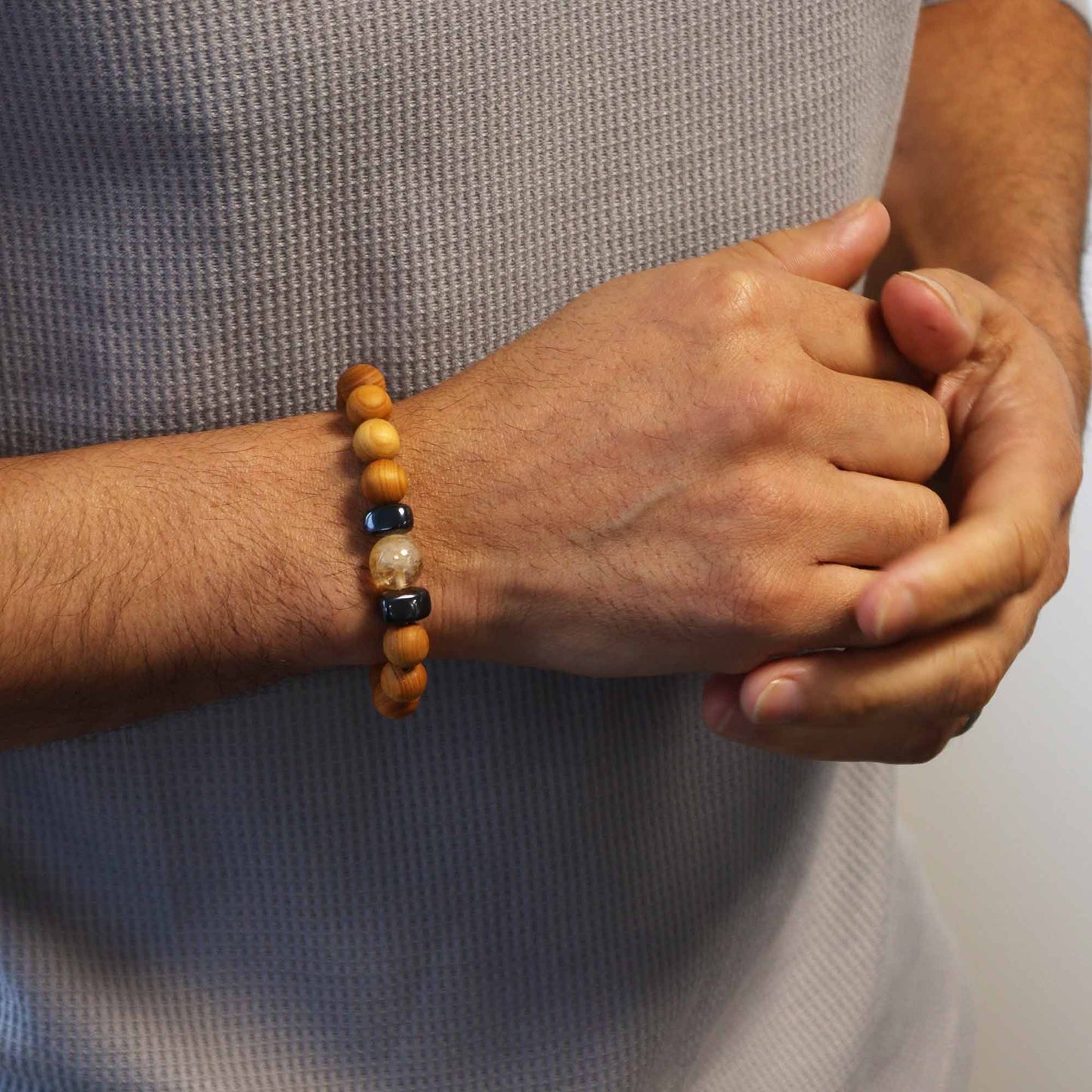 Cedarwood bead bracelet with citrine gemstone and dark accent beads for Solar Plexus Chakra design