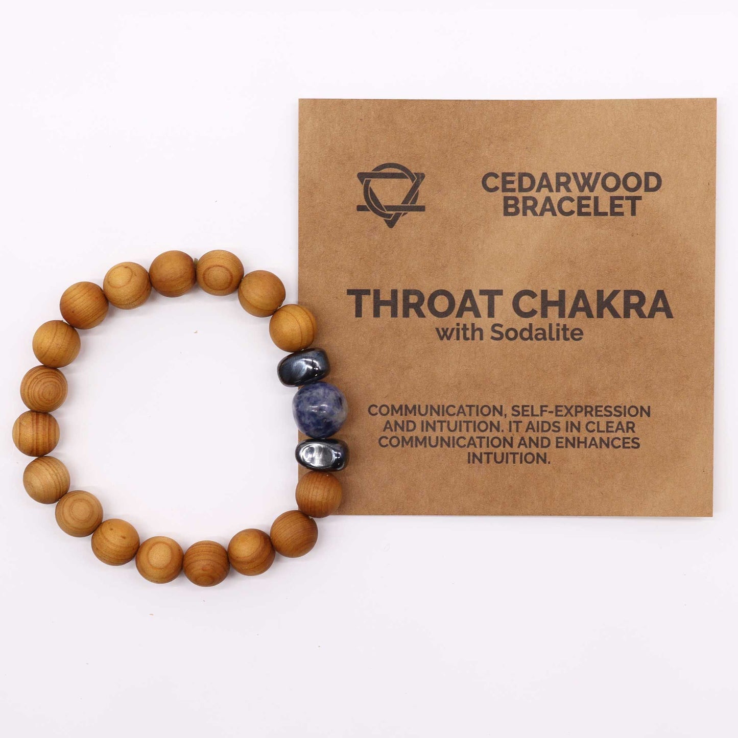 Cedarwood bead bracelet with sodalite gemstone and dark accent beads for Throat Chakra design