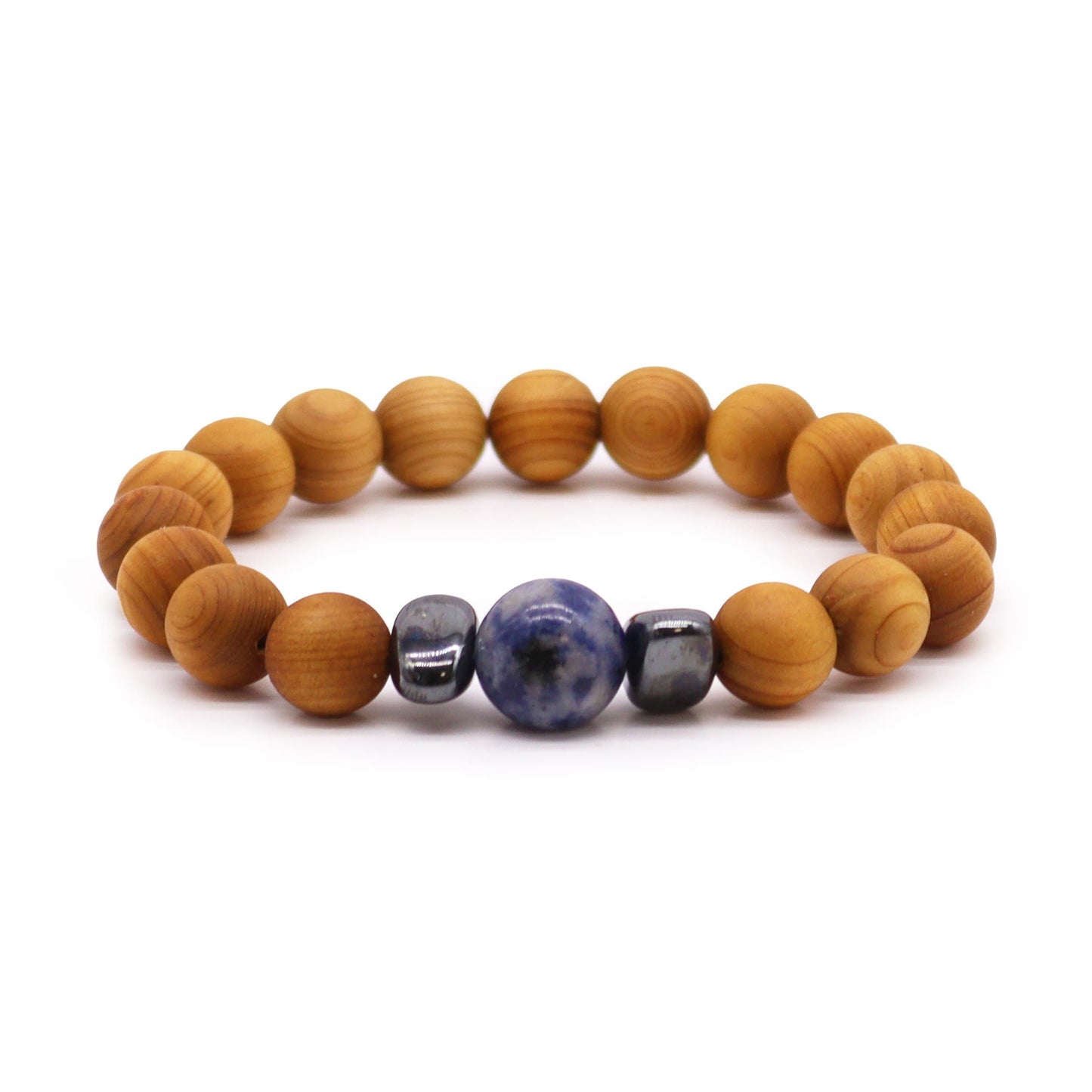 Cedarwood bead bracelet with sodalite gemstone and dark accent beads for Throat Chakra design