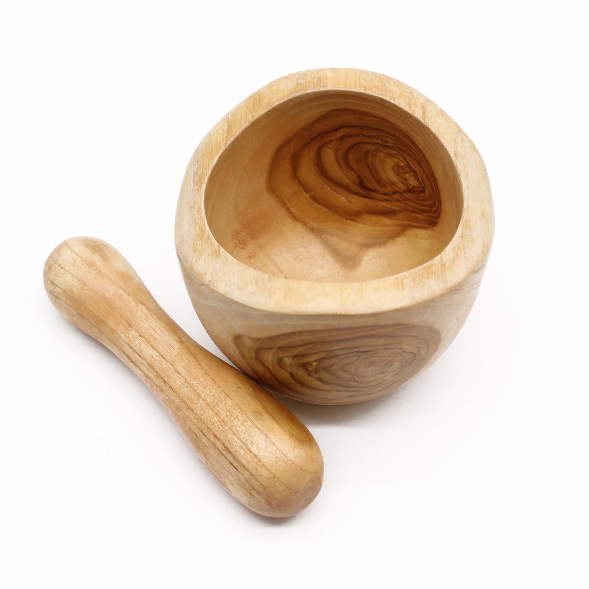 Medium ergonomic teak pestle and mortar with natural wood grain | WoodenLandia
