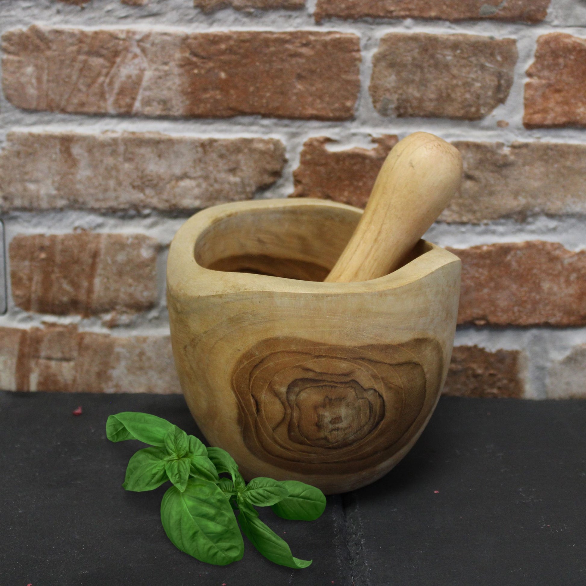 Medium ergonomic teak pestle and mortar with natural wood grain | WoodenLandia