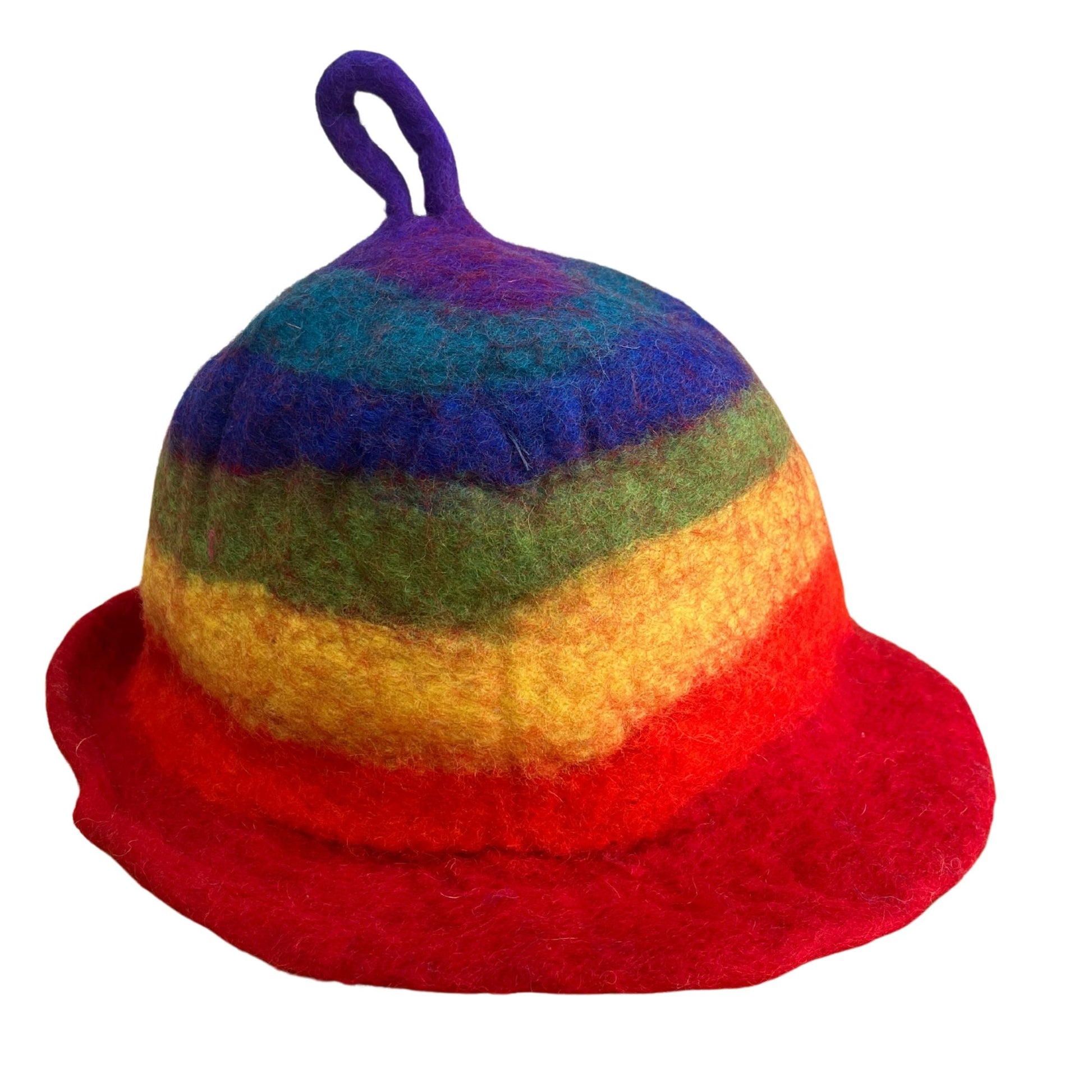 Rainbow felted sauna hat made from natural wool for heat protection and comfort | WoodenLandia