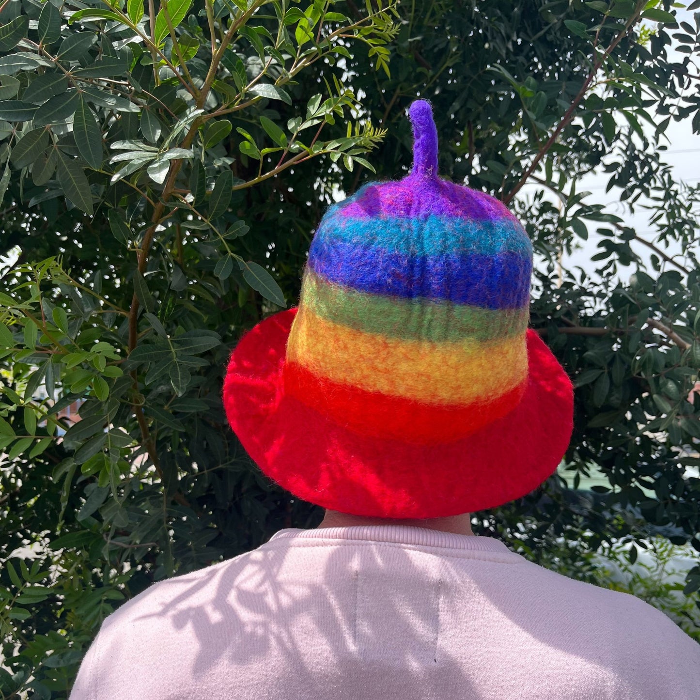 Rainbow felted sauna hat made from natural wool for heat protection and comfort | WoodenLandia