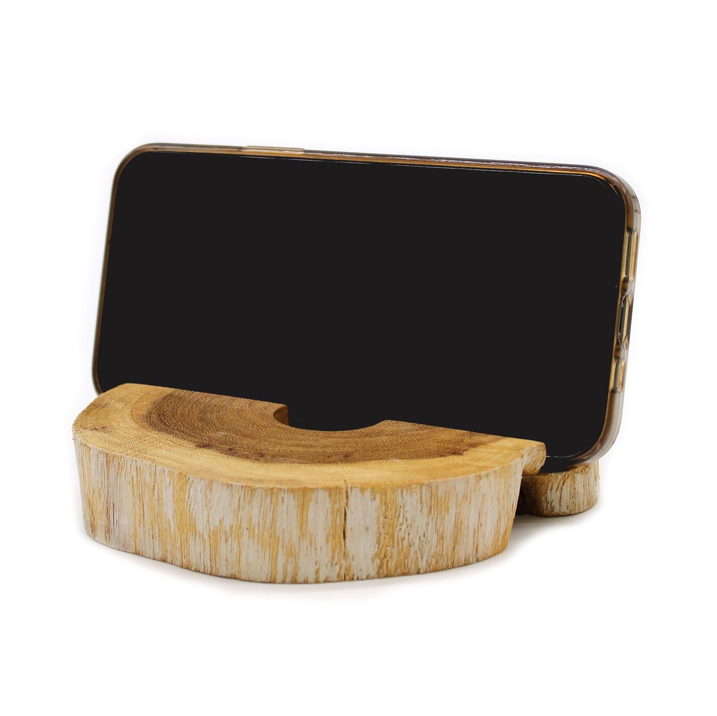 Large Gamal wood phone holder in whitewash finish – natural wood slice with live edges and central slot for smartphone | WoodenLandia