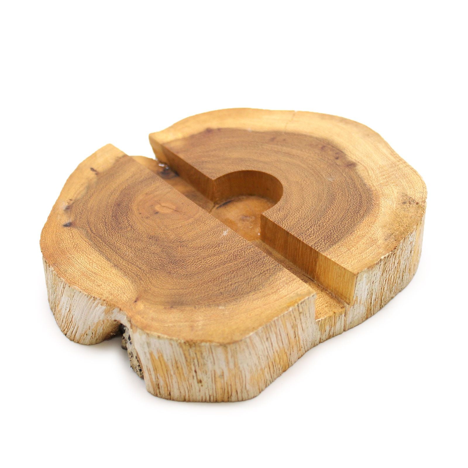 Large Gamal wood phone holder in whitewash finish – natural wood slice with live edges and central slot for smartphone | WoodenLandia