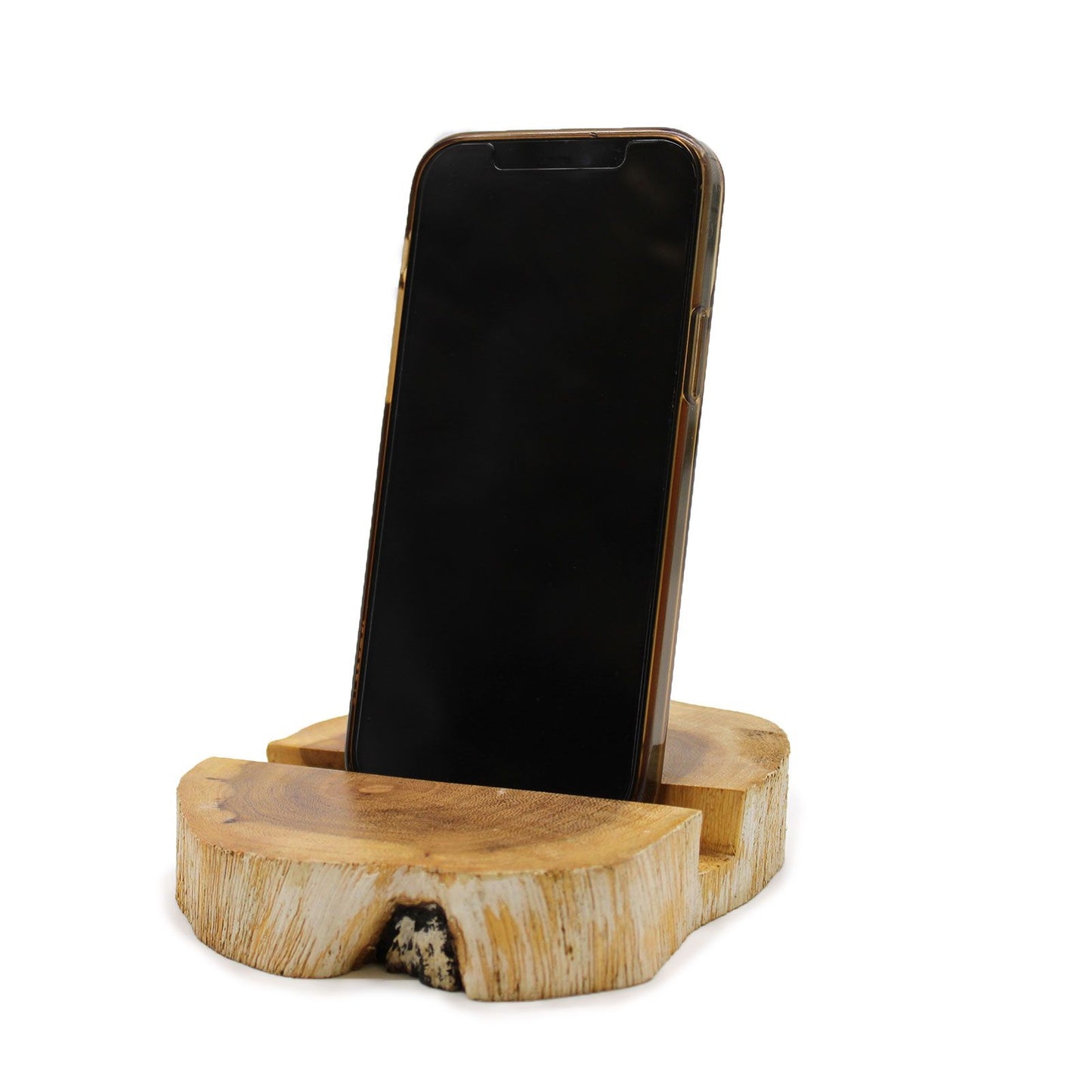 Large Gamal wood phone holder in whitewash finish – natural wood slice with live edges and central slot for smartphone | WoodenLandia