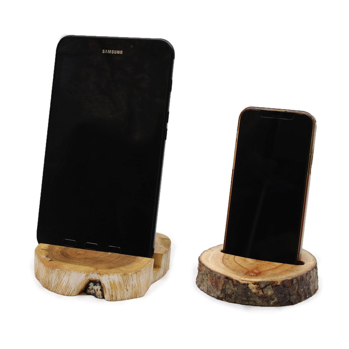 Large Gamal wood phone holder in whitewash finish – natural wood slice with live edges and central slot for smartphone | WoodenLandia