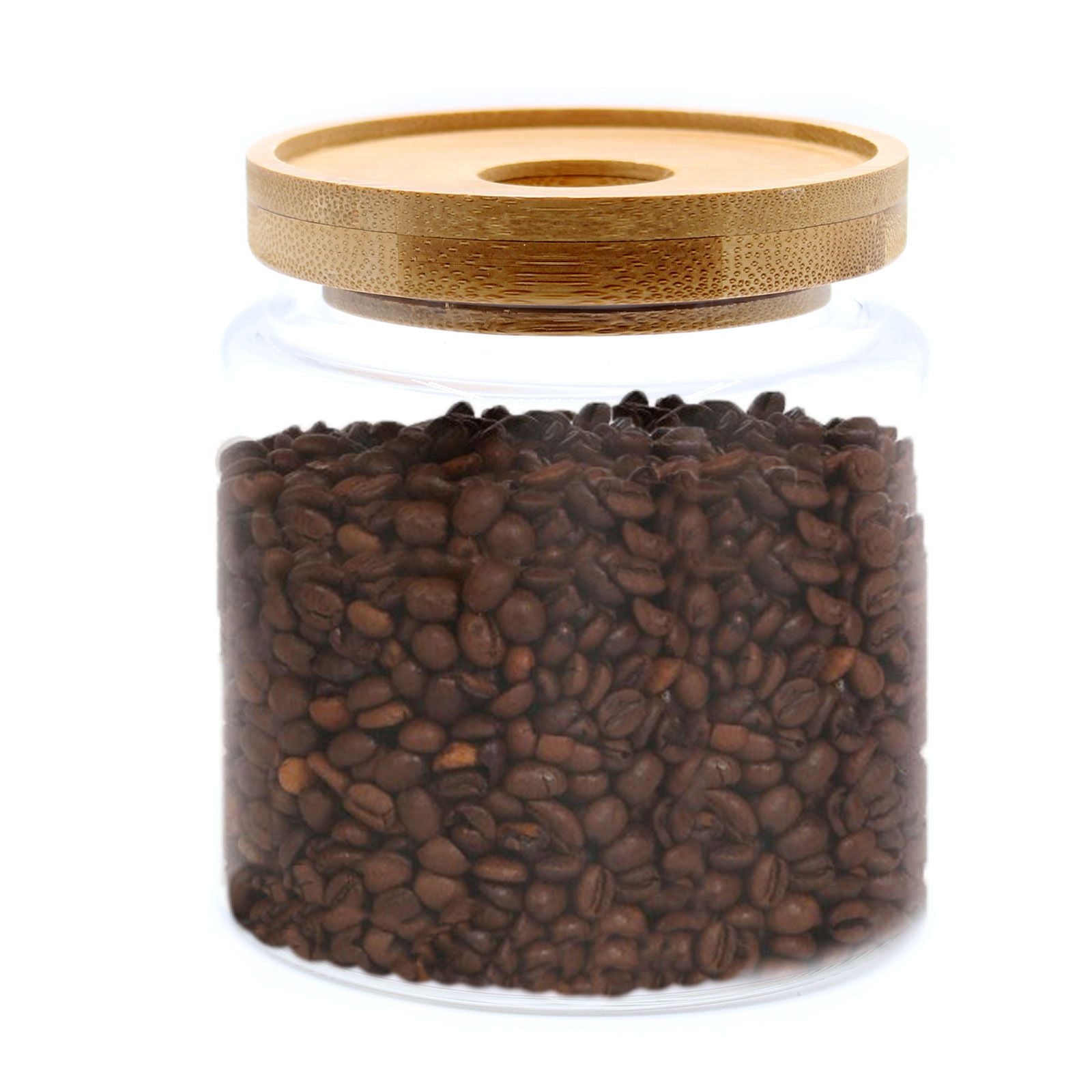 Clear glass storage jar with a bamboo lid | WoodenLandia