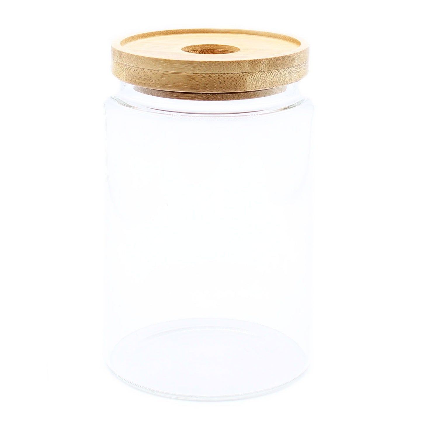 Clear glass storage jar with a bamboo lid | WoodenLandia