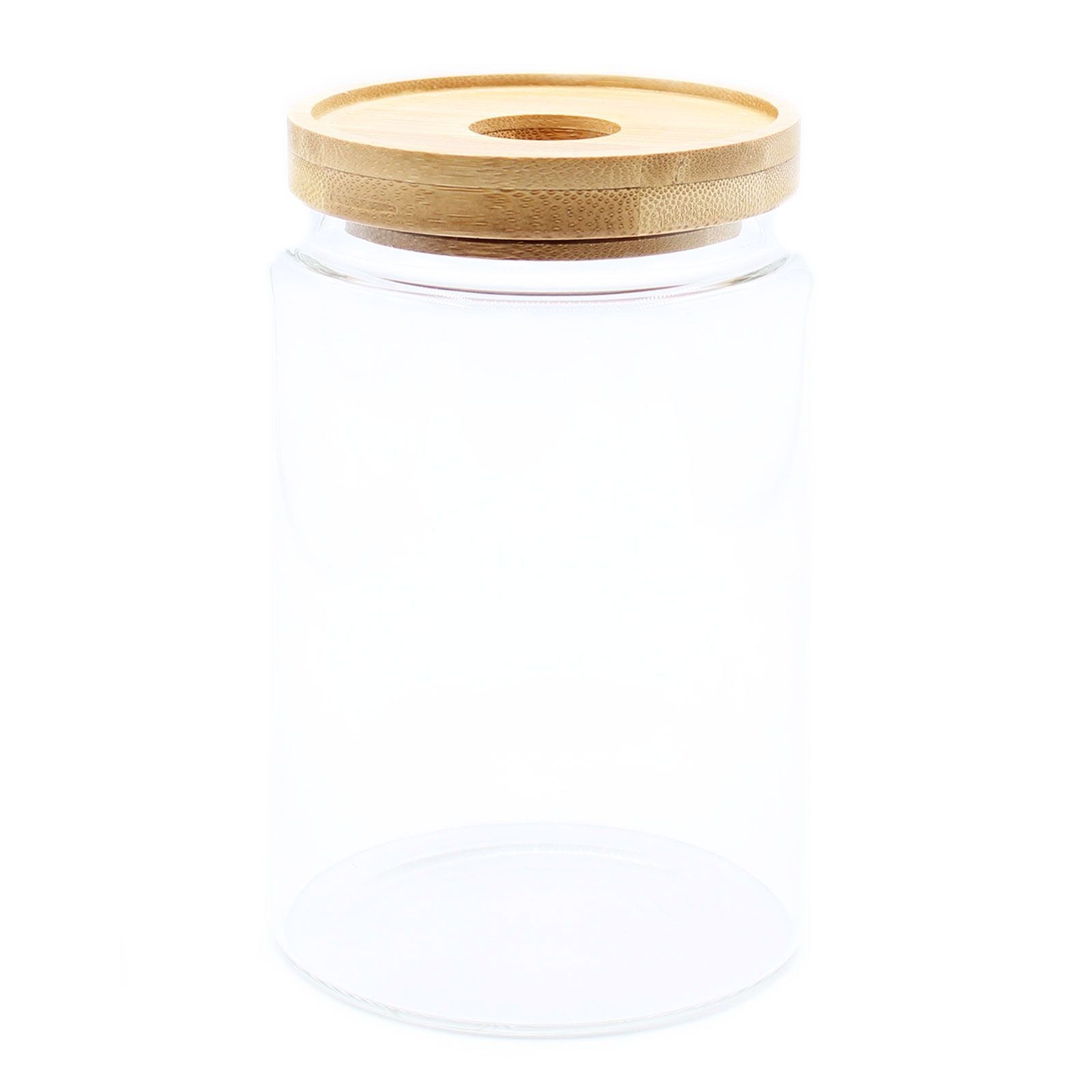 Clear glass storage jar with a bamboo lid | WoodenLandia