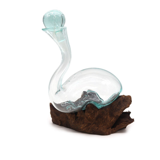 Handcrafted glass swan sculpture mounted on natural wood bases | WoodenLandia