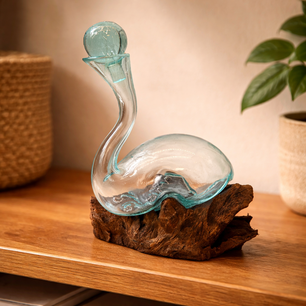 Handcrafted glass swan sculptures mounted on natural wood bases | WoodenLandia