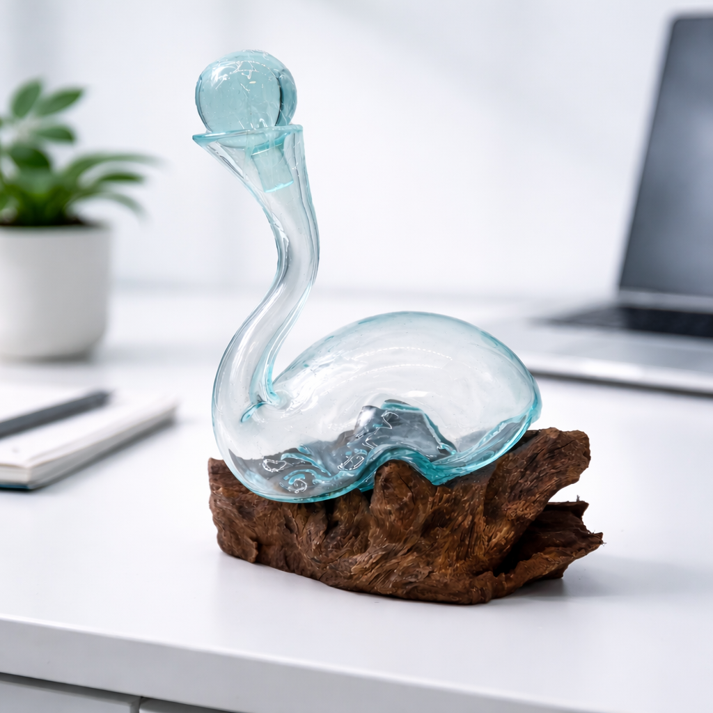 Handcrafted glass swan sculptures mounted on natural wood bases | WoodenLandia