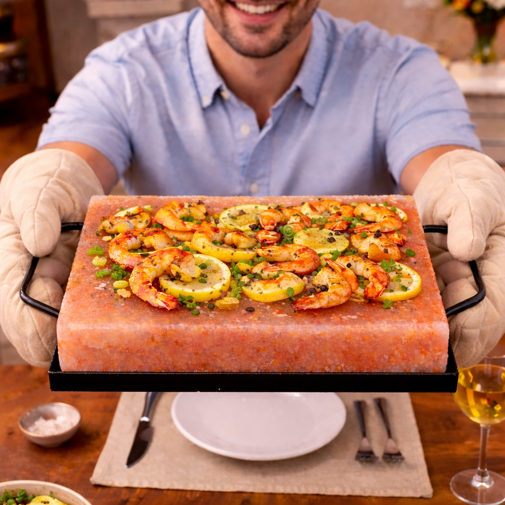 Rectangular Himalayan salt cooking plate with metal handles