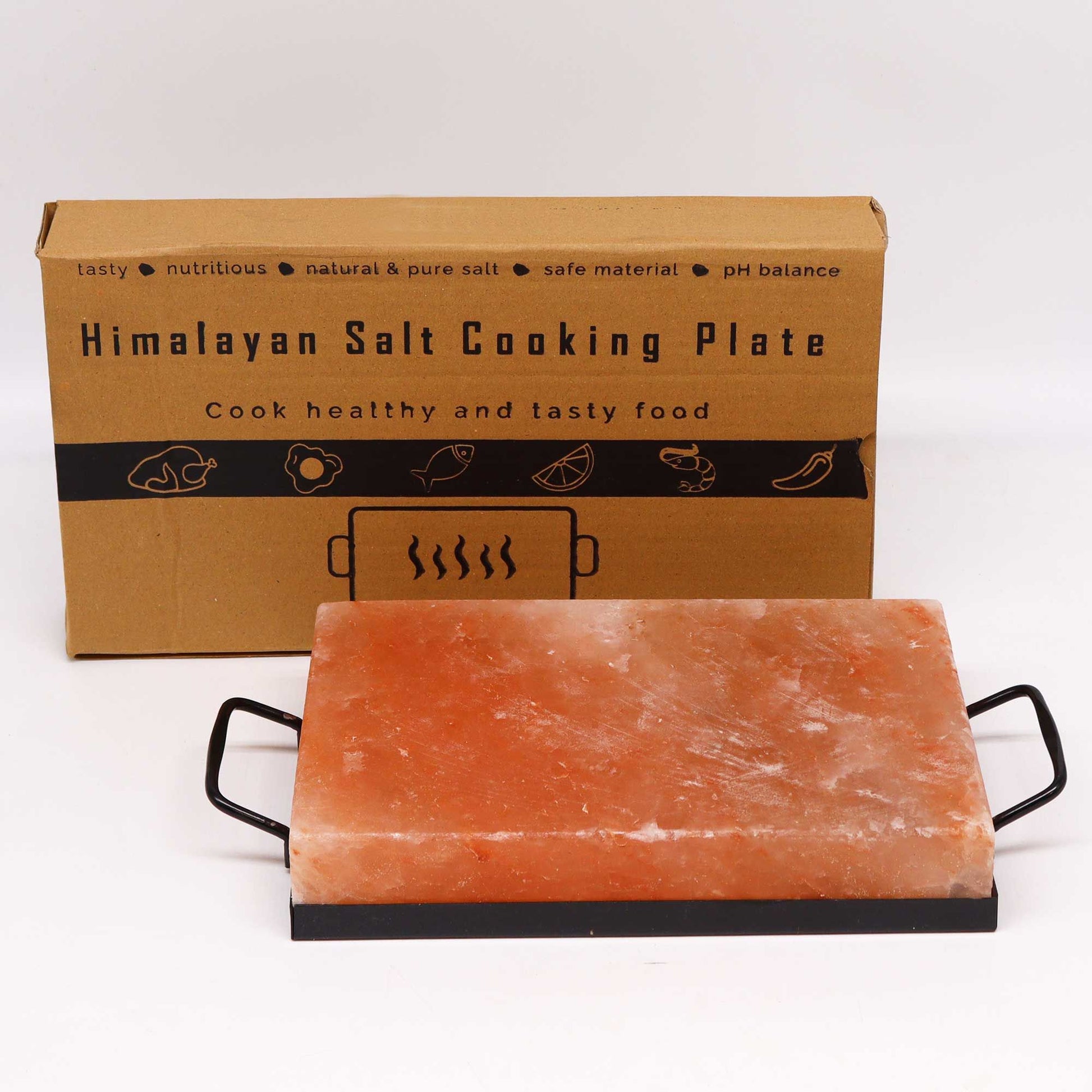 Rectangular Himalayan salt cooking plate with metal handles