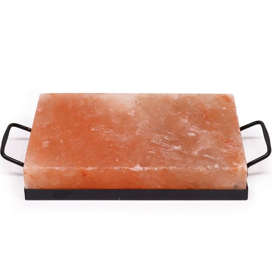Rectangular Himalayan salt cooking plate with metal handles