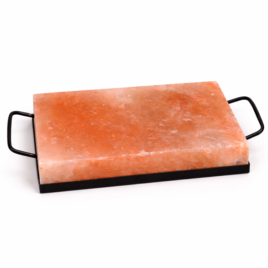 Rectangular Himalayan salt cooking plate with metal handles