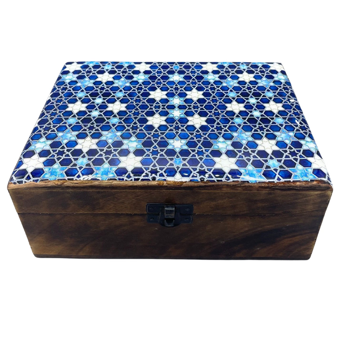 Large mango wood storage box with blue star ceramic glazed lid and hinged opening