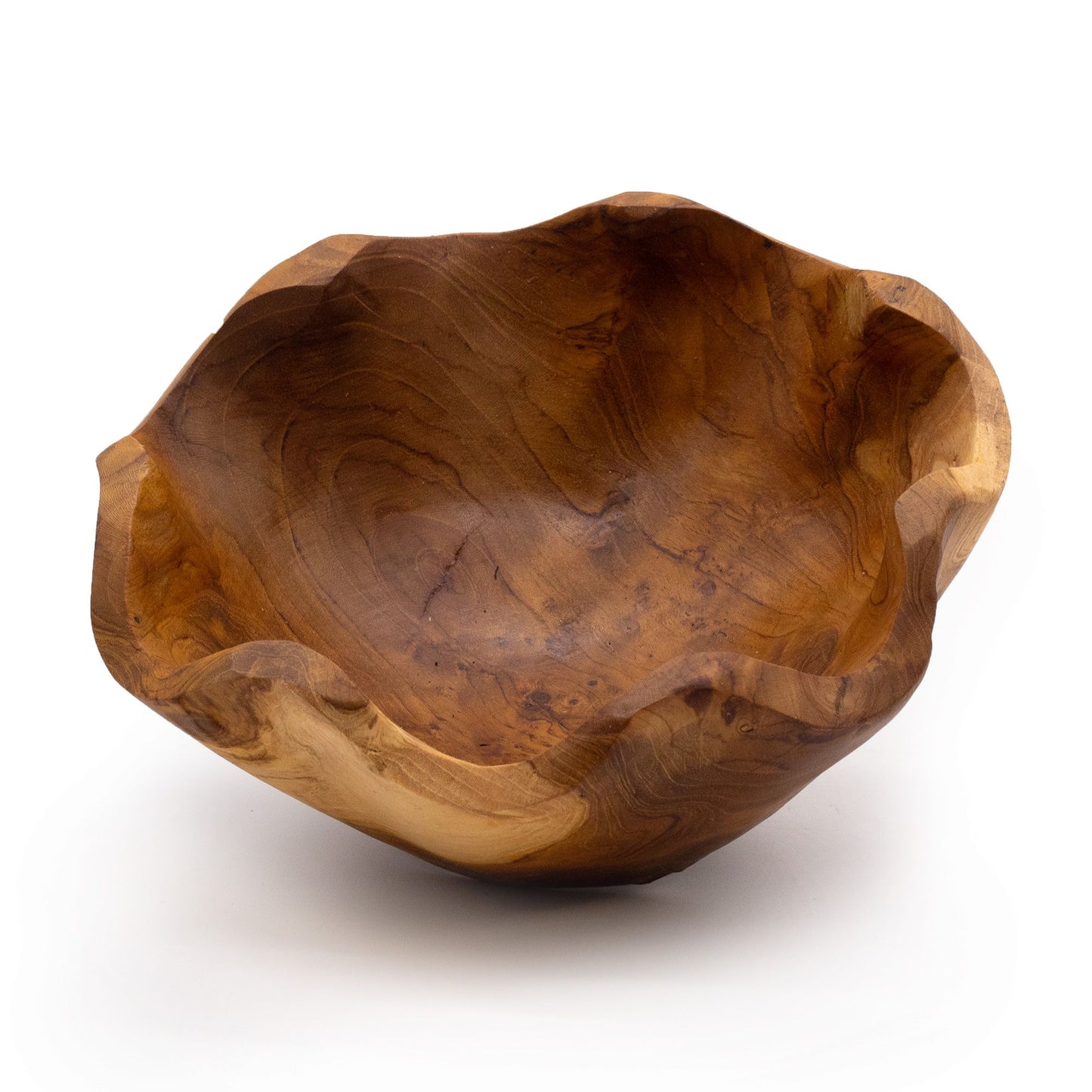 Large natural shape teakwood bowl with organic grain | WoodenLandia
