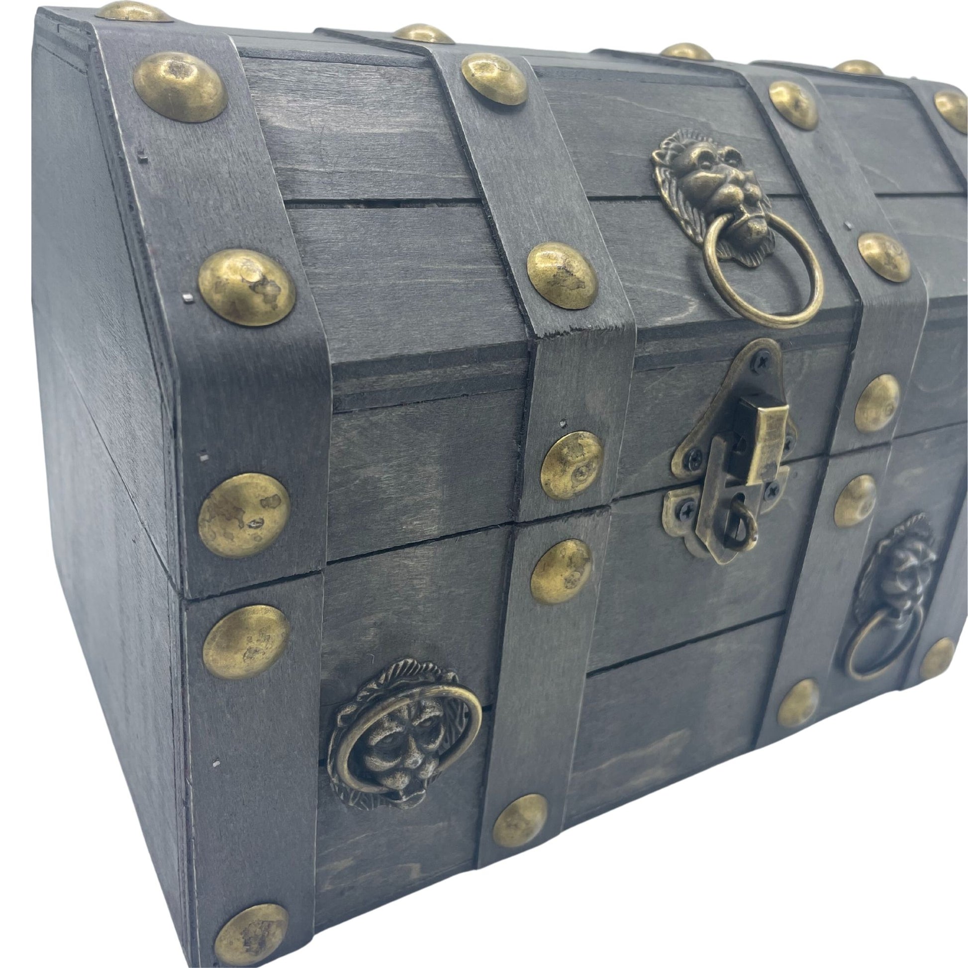 Large grey MDF treasure chest with metal details, front latch and vintage decorative finish