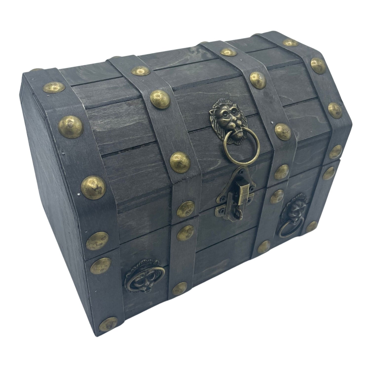 Large grey MDF treasure chest with metal details, front latch and vintage decorative finish
