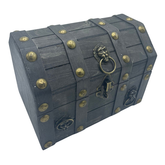 Large grey MDF treasure chest with metal details, front latch and vintage decorative finish