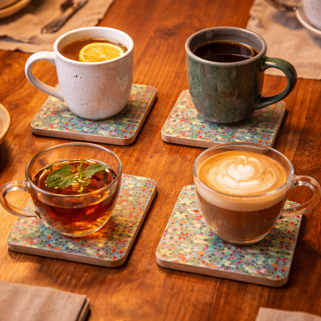 Set of four square mango wood coasters with Mediterranean tile pattern | WoodenLandia