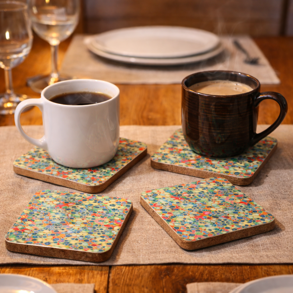 Set of four square mango wood coasters with Mediterranean tile pattern | WoodenLandia