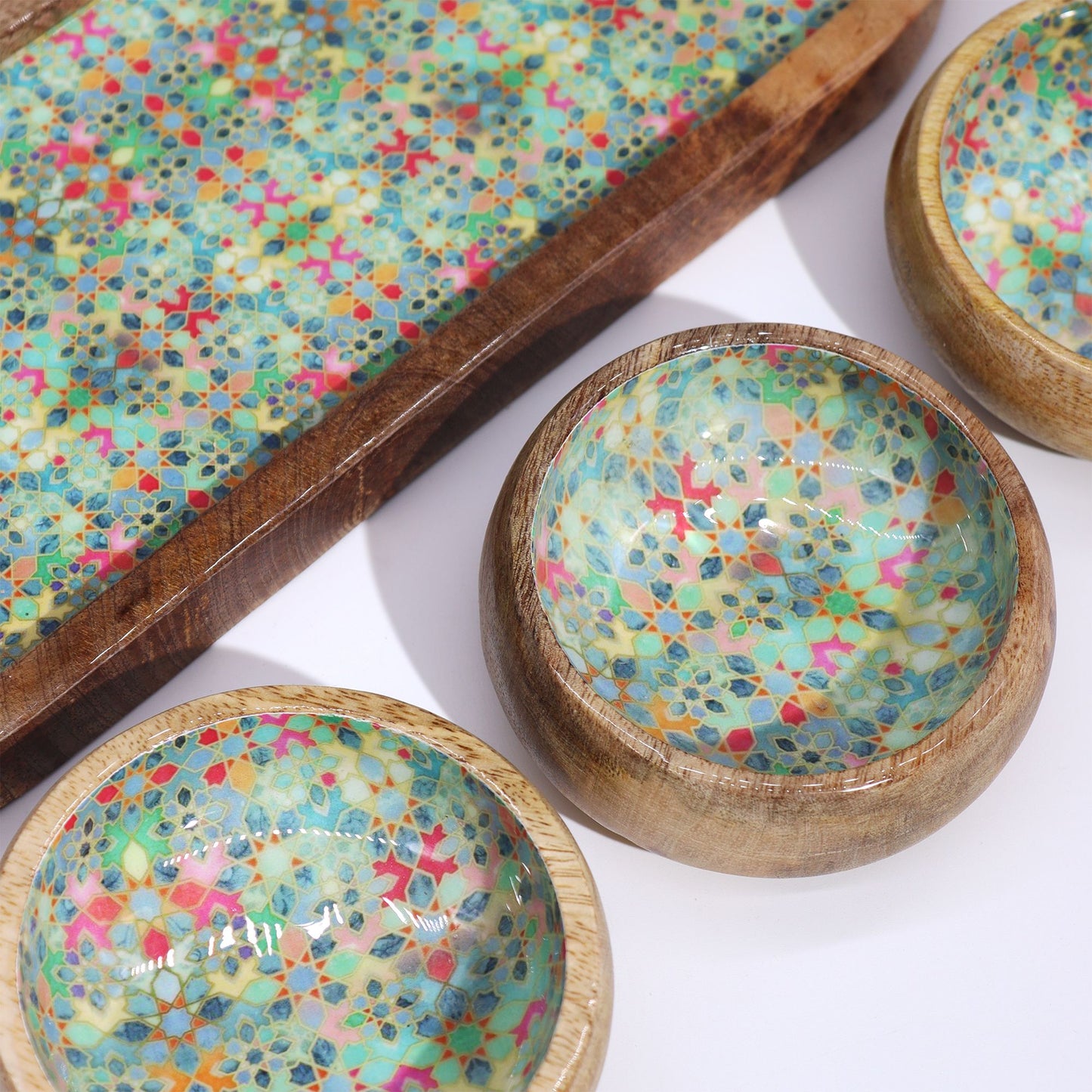 Mango wood tray with three decorative bowls featuring a colorful Mediterranean-style speckled pattern | WoodenLandia