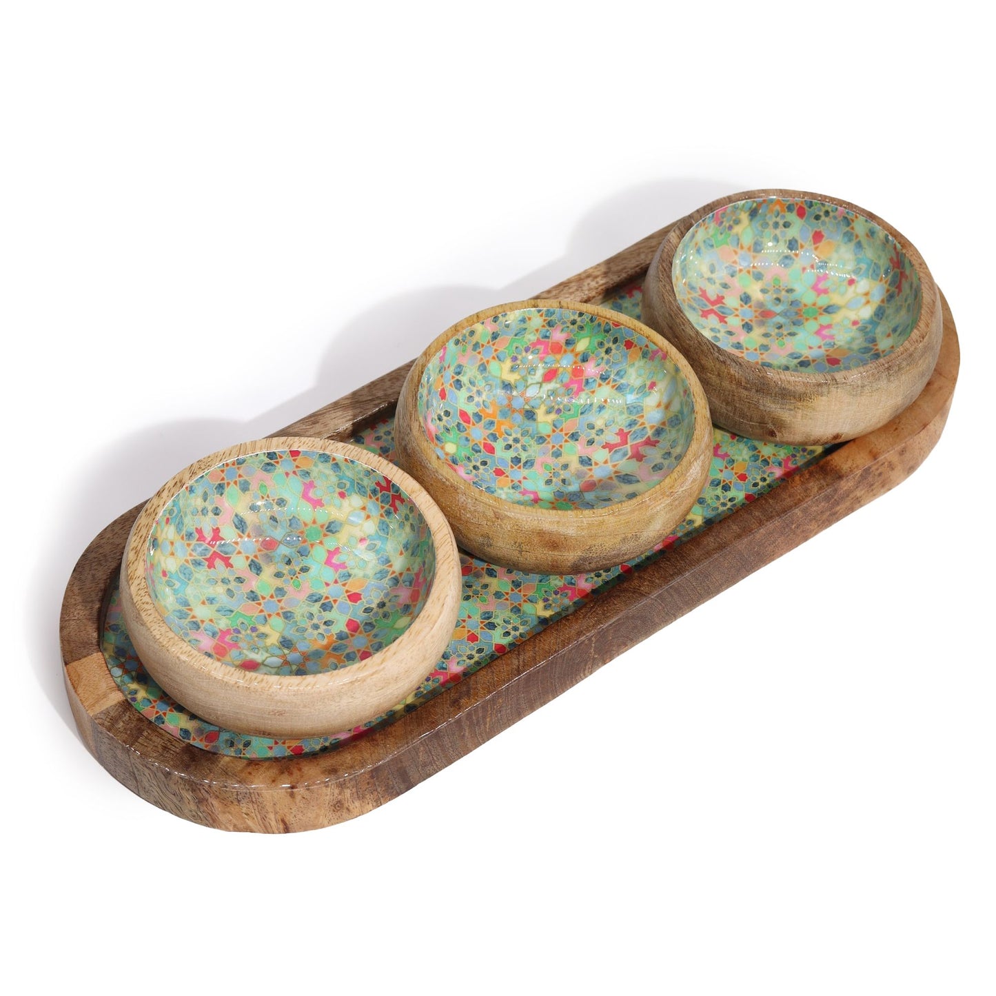 Mango wood tray with three decorative bowls featuring a colorful Mediterranean-style speckled pattern | WoodenLandia