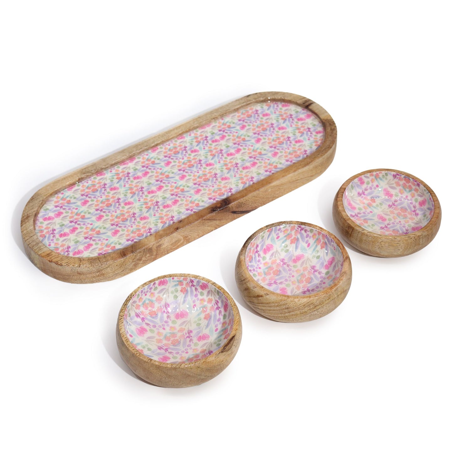 Mango wood tray with three floral-pattern bowls for serving snacks | WoodenLandia