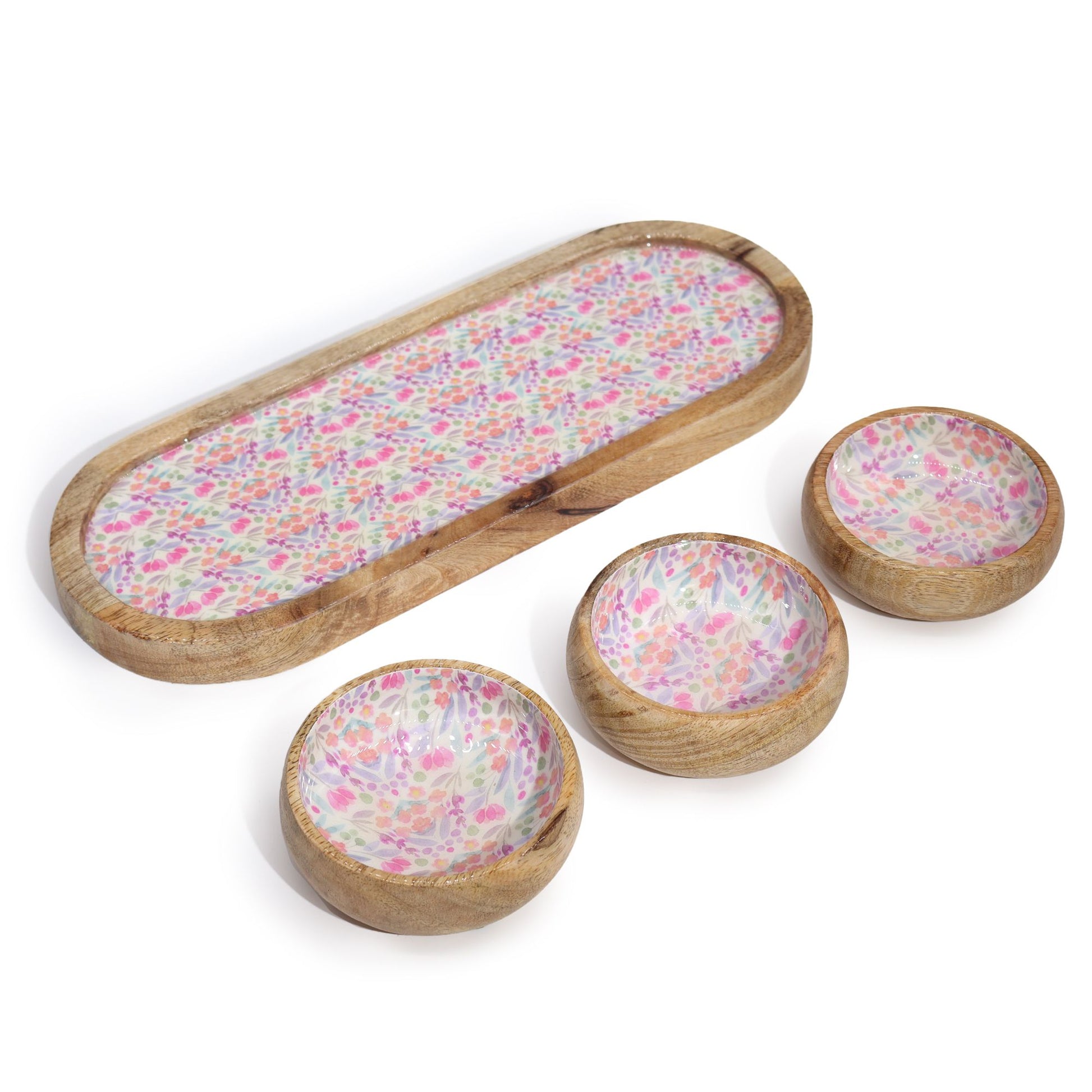 Mango wood tray with three floral-pattern bowls for serving snacks | WoodenLandia