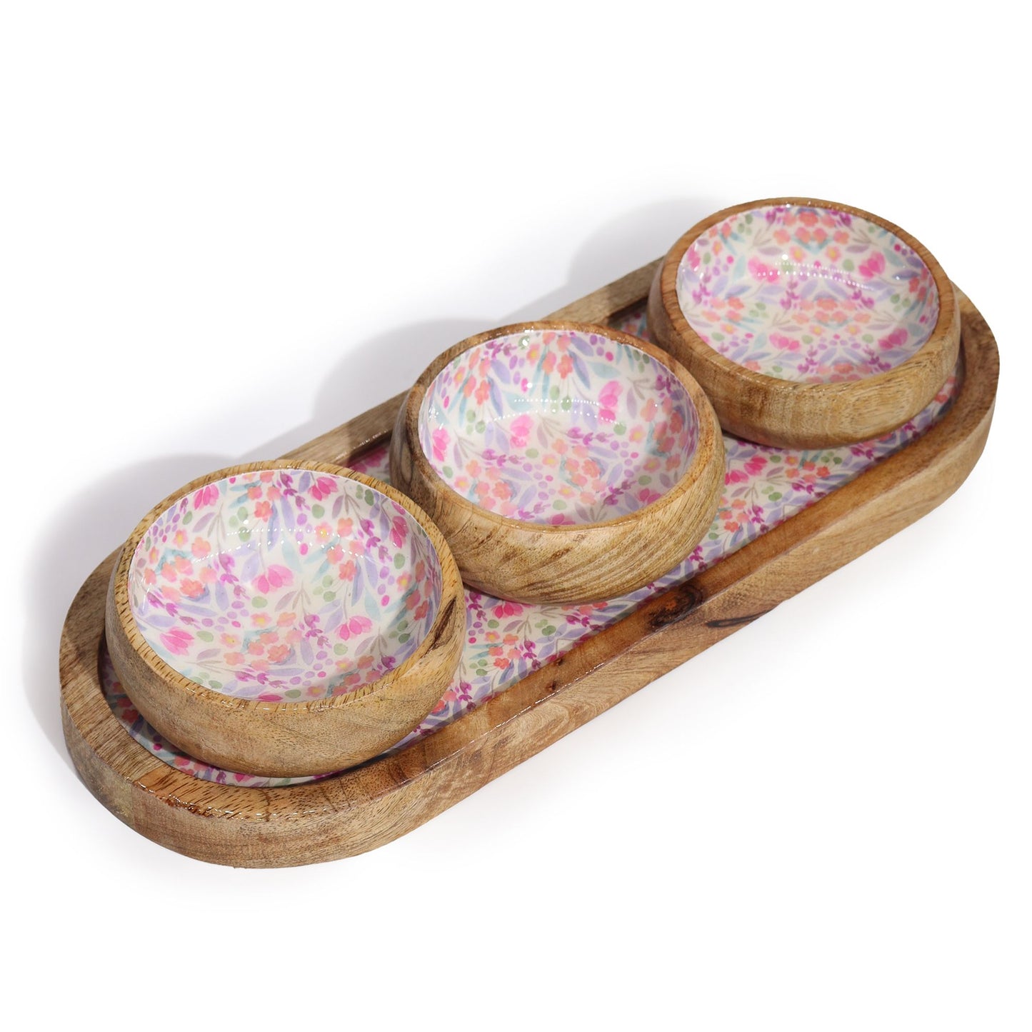 Mango wood tray with three floral-pattern bowls for serving snacks | WoodenLandia