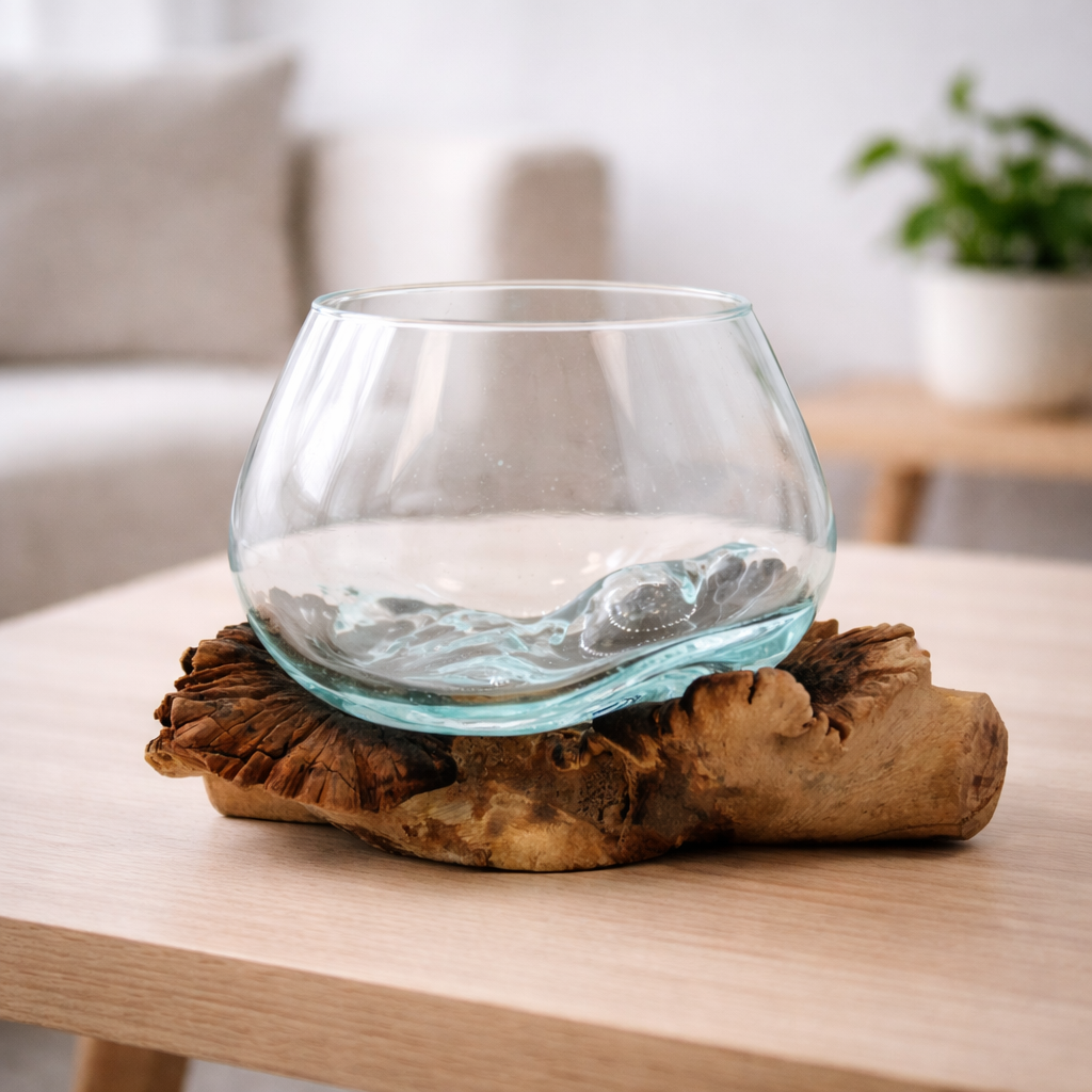 Handcrafted molten glass bowl shaped over natural parasite wood | WoodenLandia